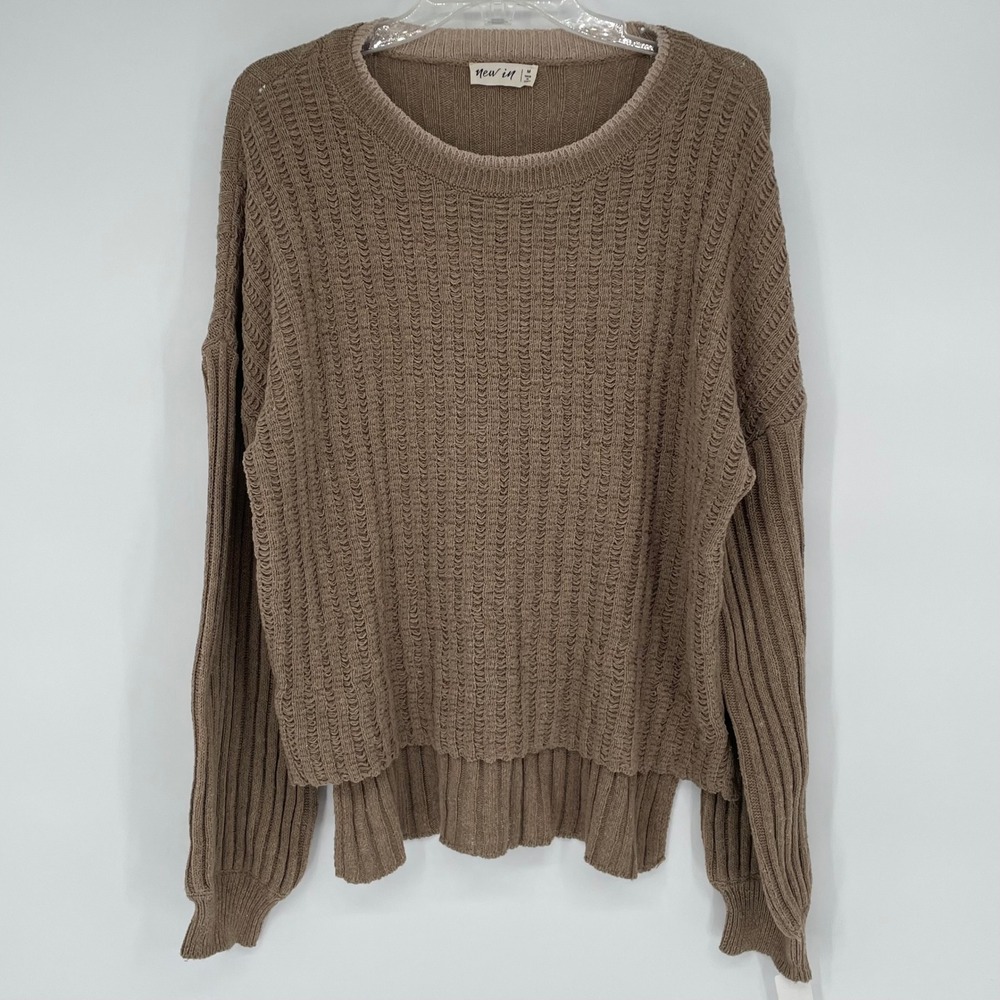 New In Women Taupe Brown Open Knit High Low Pullover Sweater Size M
